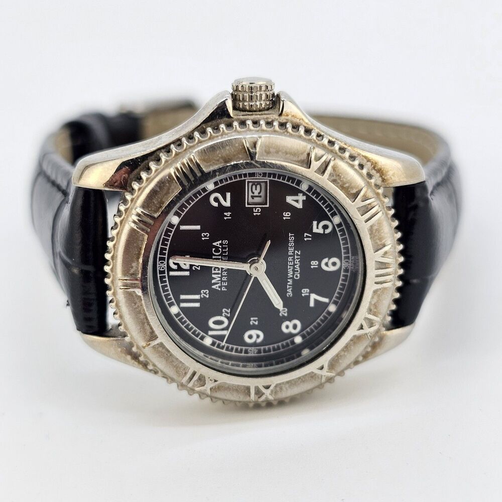 VTG Perry Ellis America Women Watch 28MM Black Dial Date New Bands Battery 6.5"